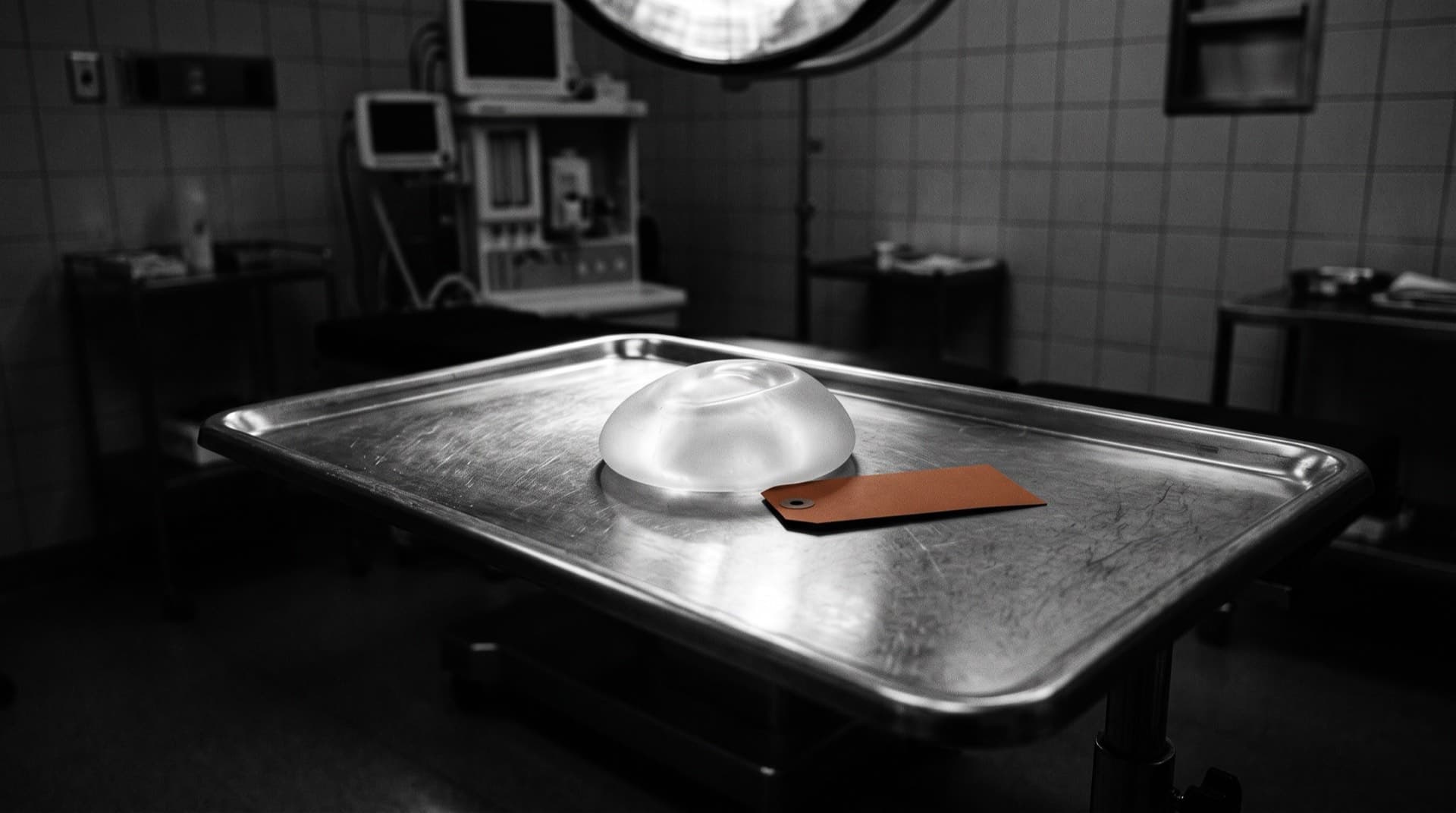A silicone implant on a surgical tray beside a specimen tag (photo illustration)