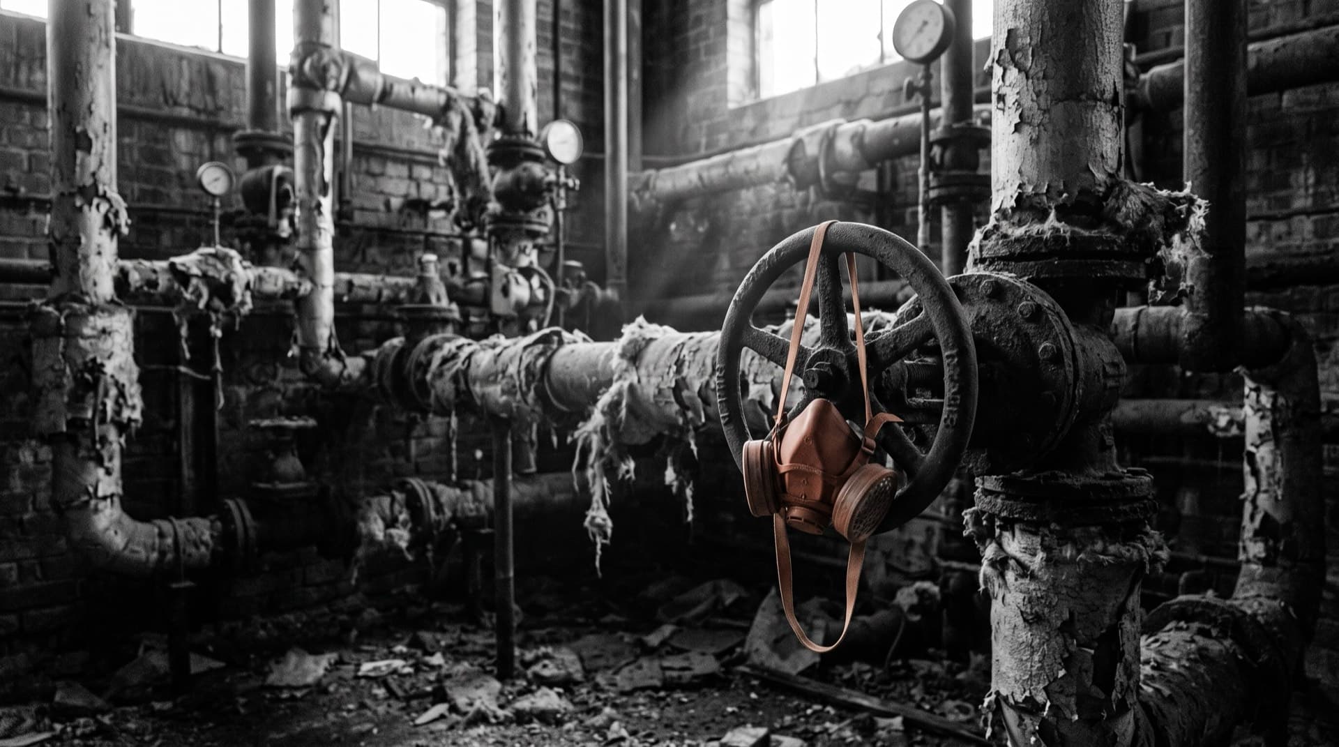 Fraying pipe insulation in an abandoned boiler room (photo illustration)