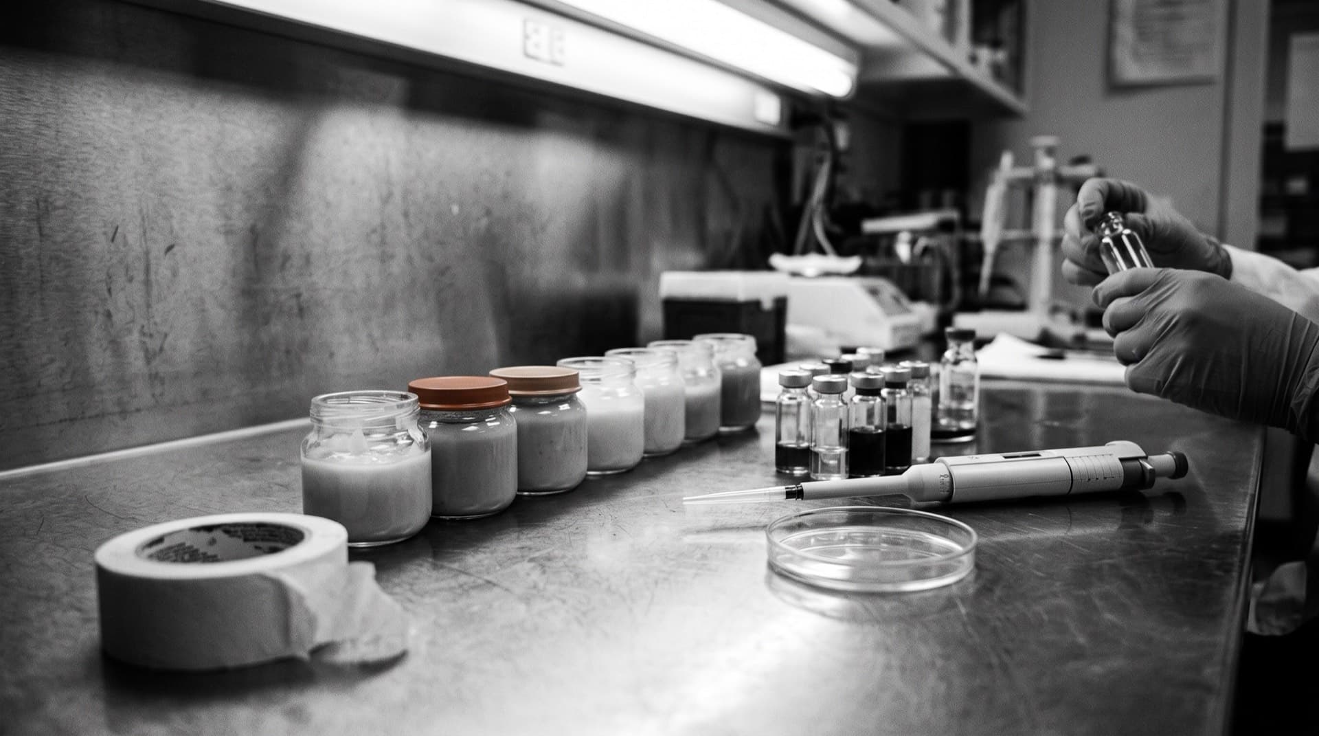 Unlabeled baby food jars on a laboratory bench with sample vials (photo illustration)
