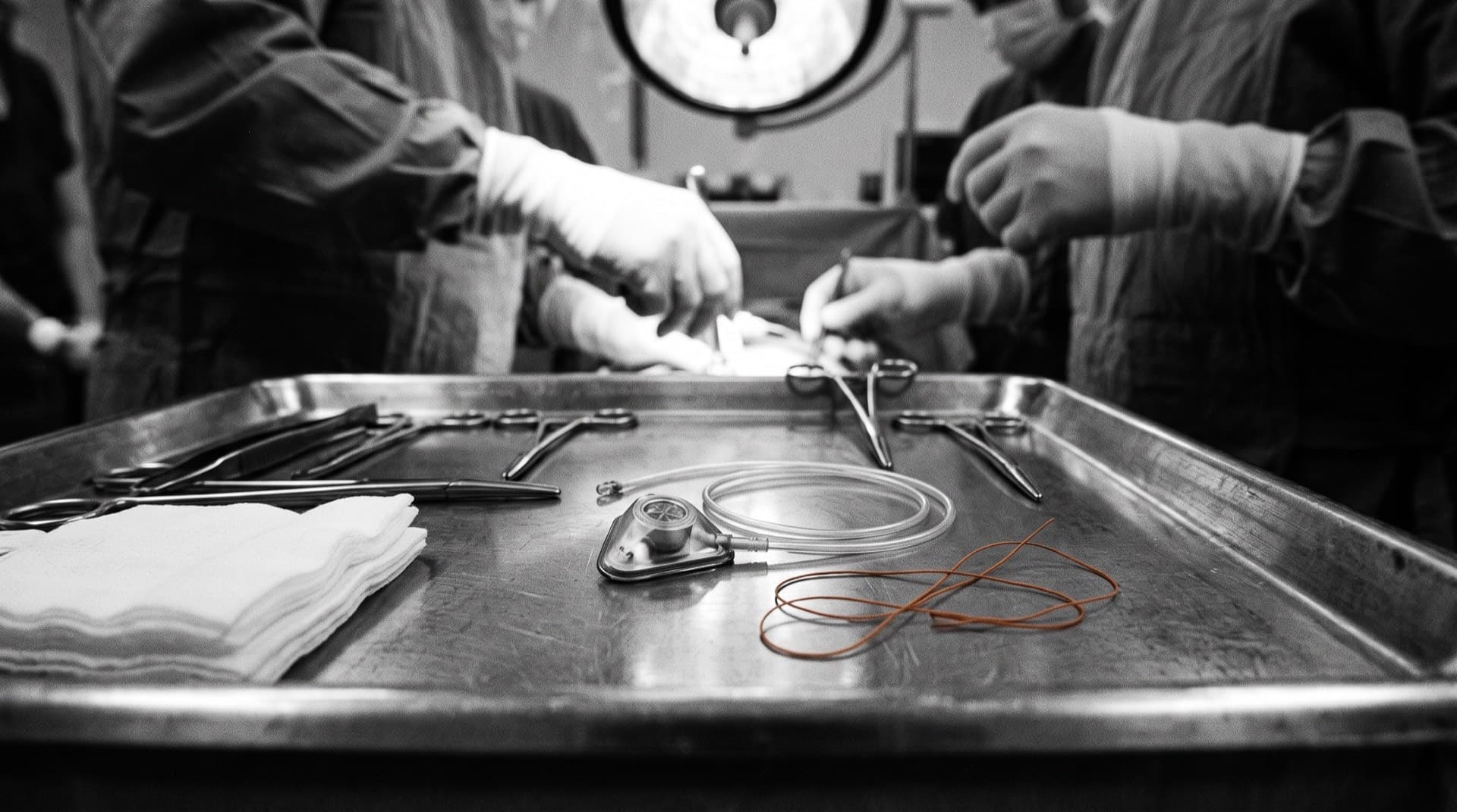 An implantable port device and catheter tubing on a surgical tray (photo illustration)