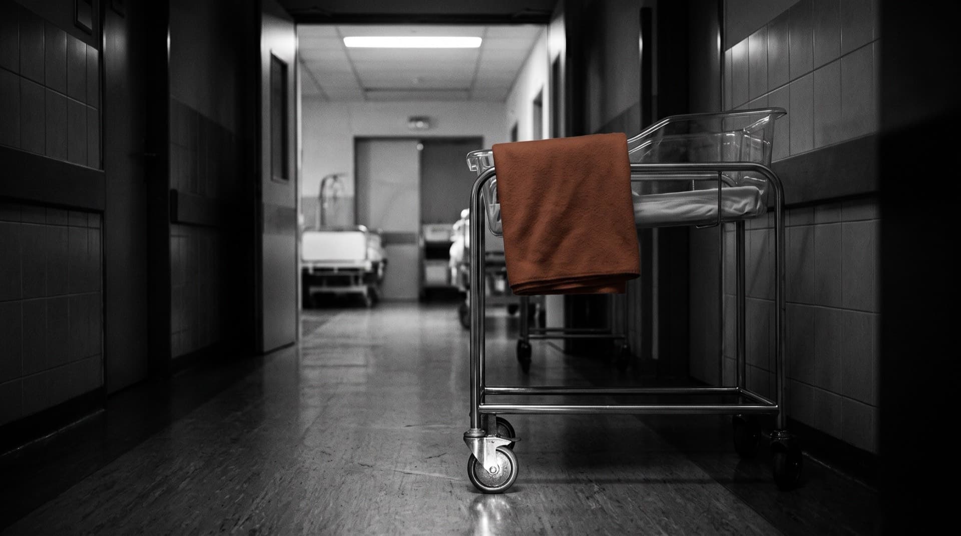 An empty hospital bassinet in a dim maternity ward corridor (photo illustration)