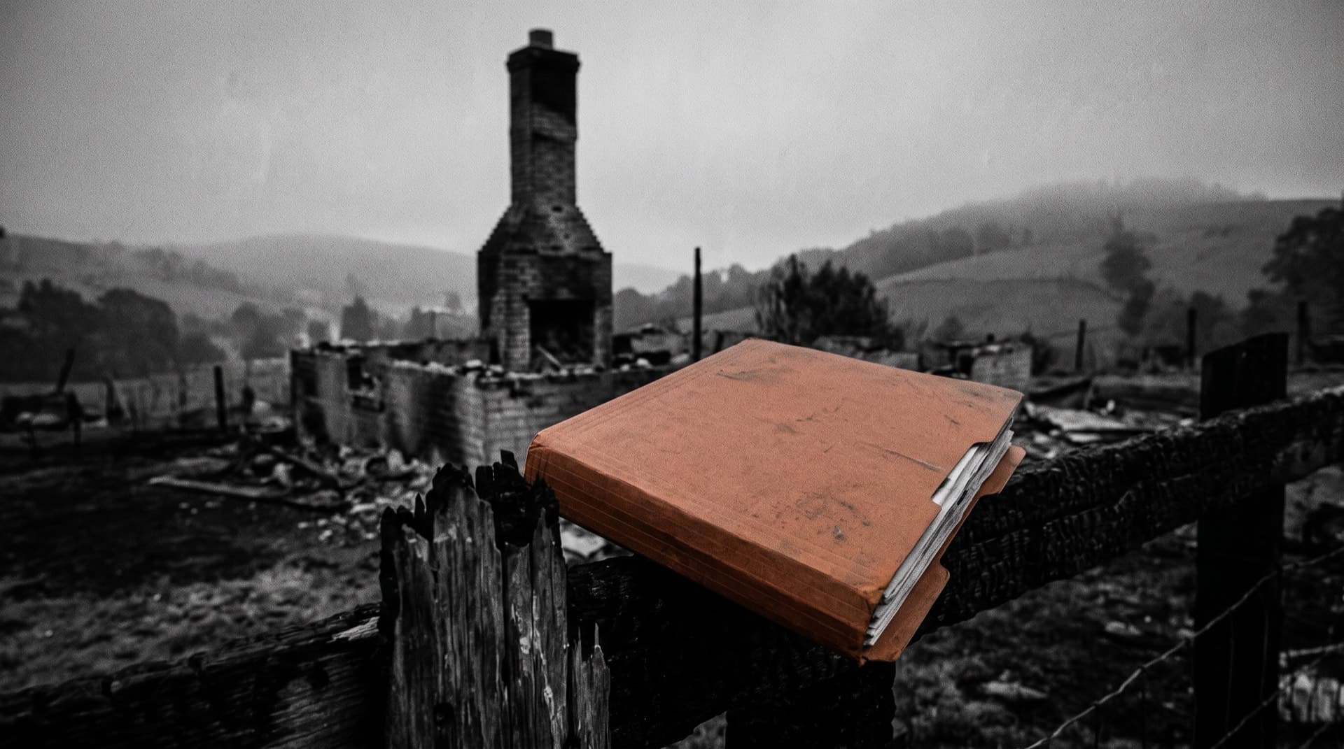 A burned homesite with an insurance file folder in the foreground (photo illustration)