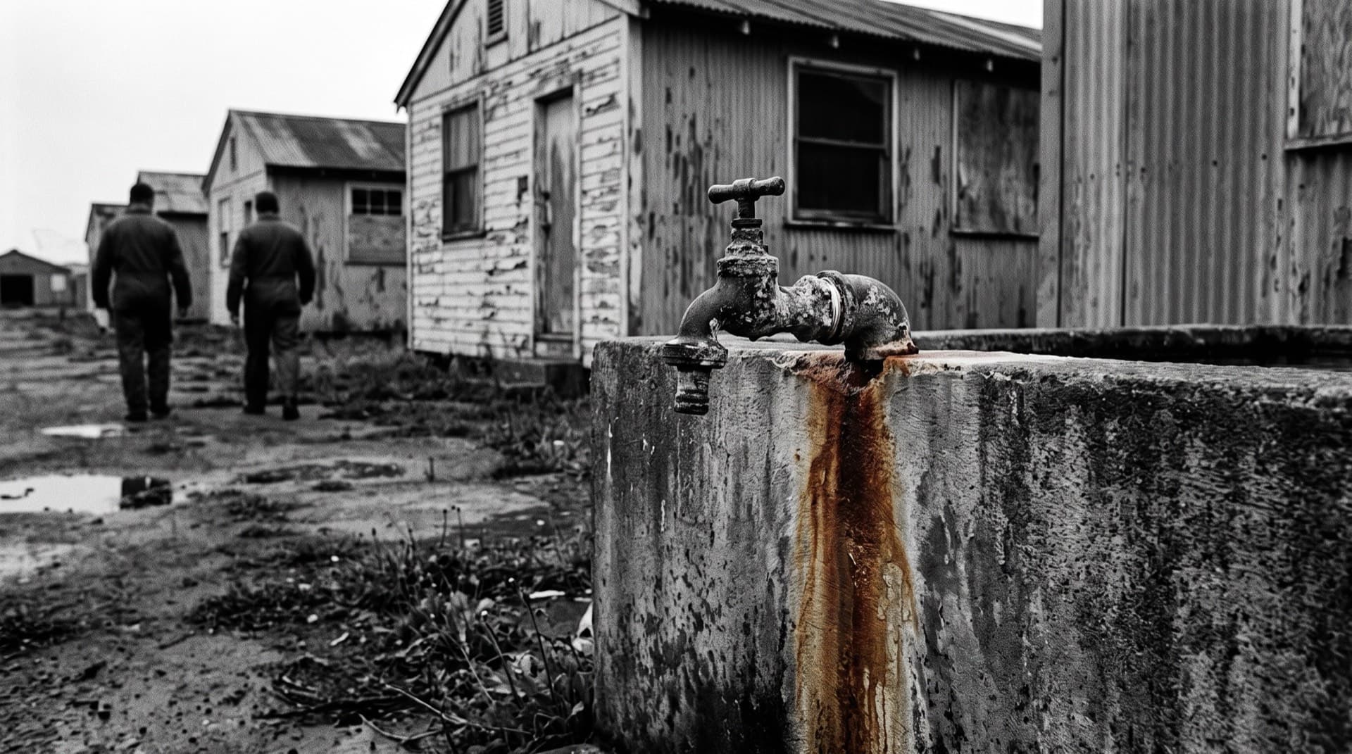 A corroded water spigot and stained cistern at military barracks (photo illustration)