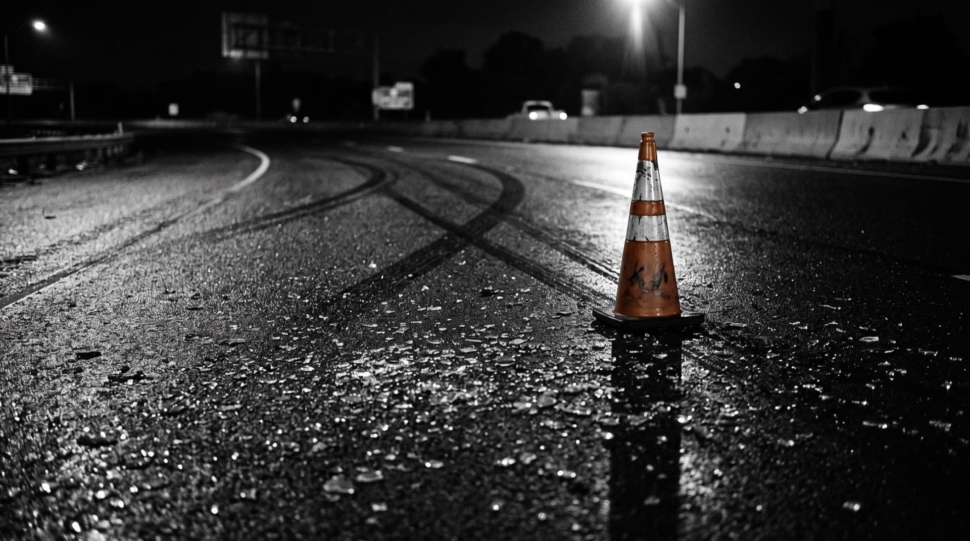 Shattered glass and a traffic cone on wet asphalt at night (photo illustration)
