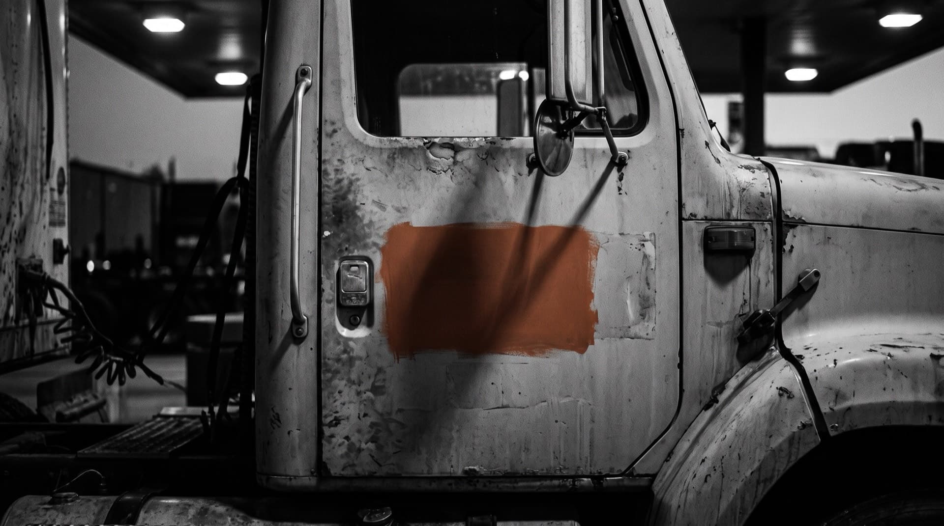 A semi truck door with its company name painted over (photo illustration)