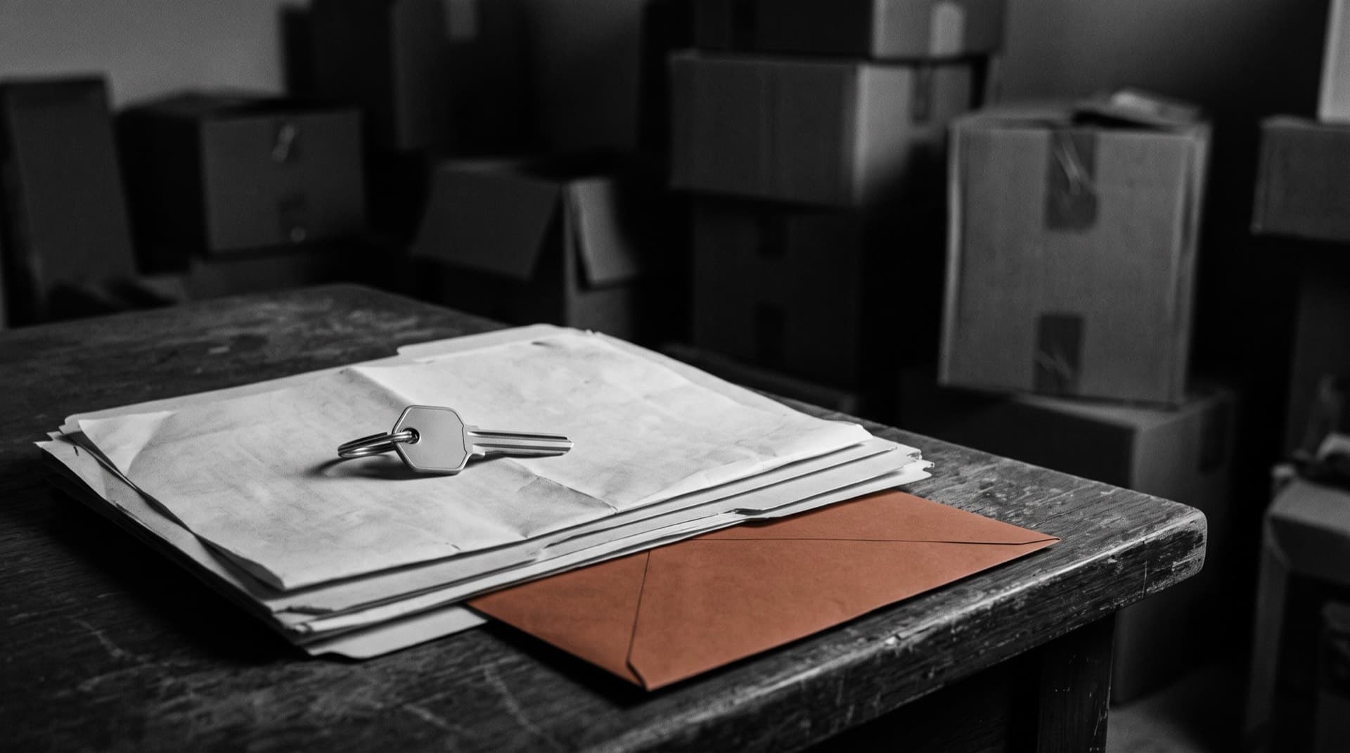 A house key on folded documents beside packed boxes (photo illustration)