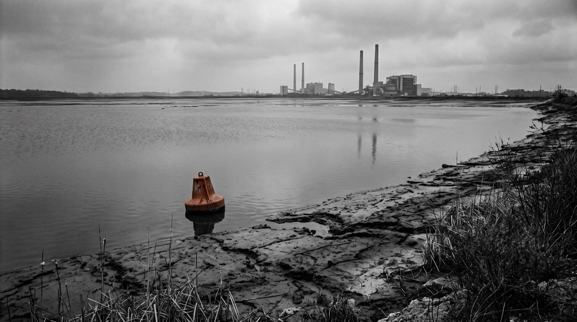 A coal-ash impoundment pond below power plant smokestacks (photo illustration)
