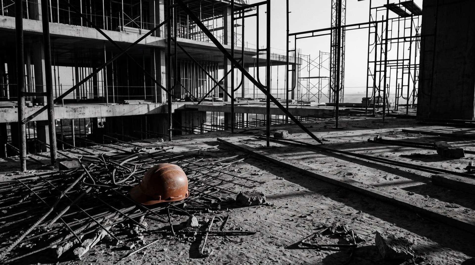 A hard hat lying among rebar on an empty construction site (photo illustration)