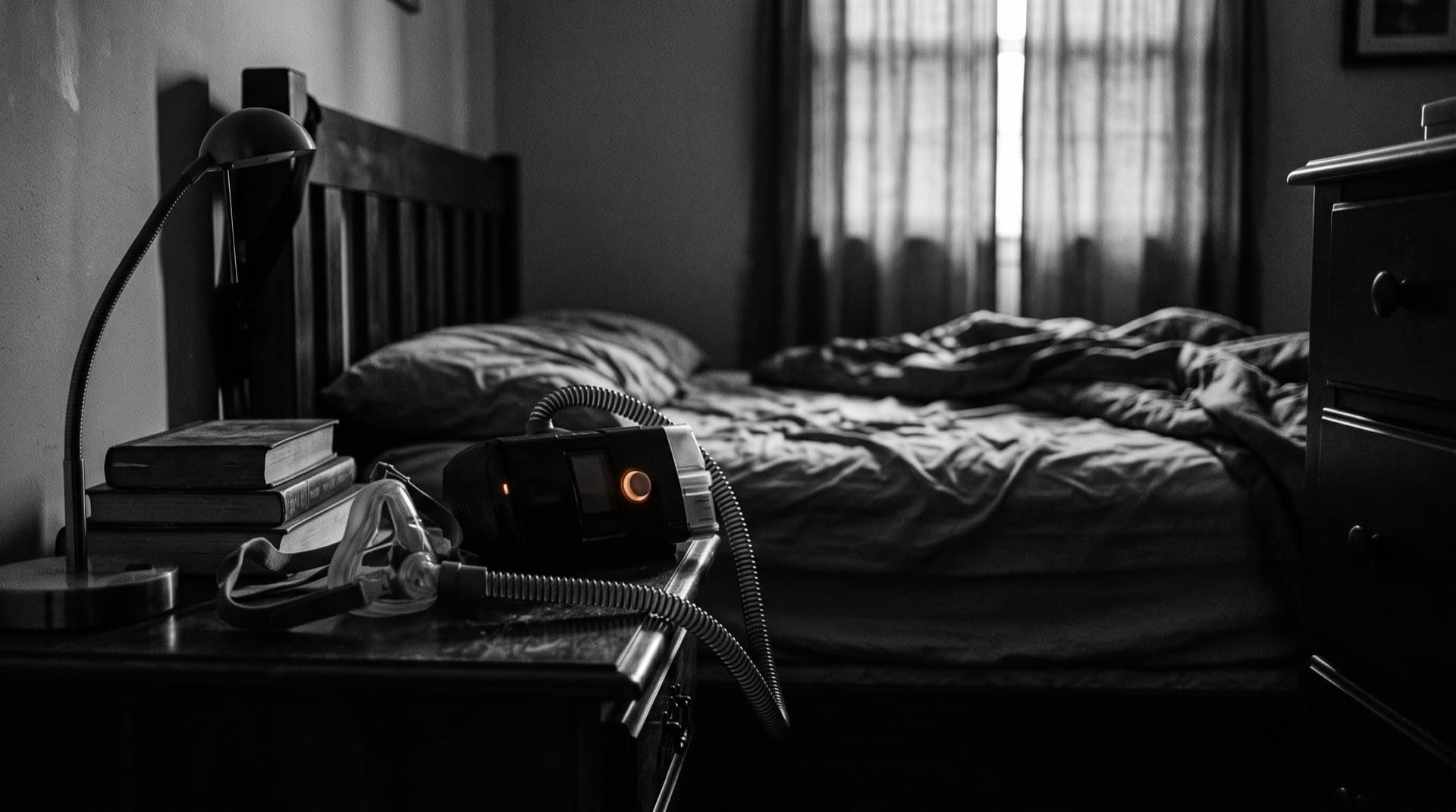 A CPAP machine, hose, and mask on a bedside table (photo illustration)