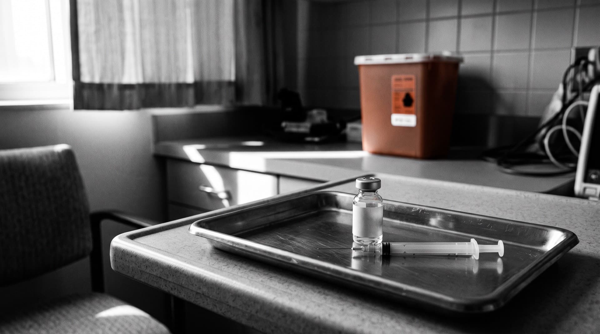 A medication vial and syringe on a clinic tray (photo illustration)