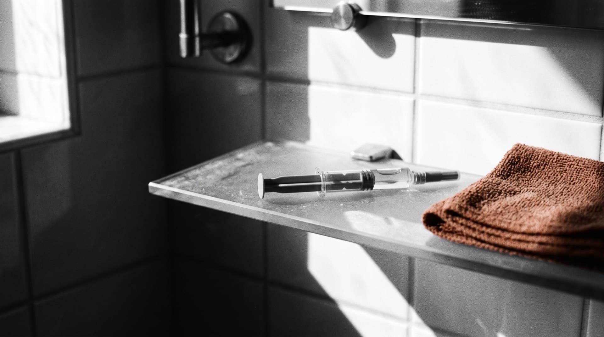 A pre-filled injection syringe on a bathroom shelf (photo illustration)