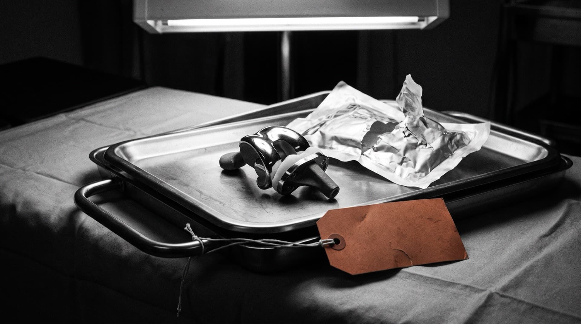 A knee implant beside opened sterile packaging on a surgical tray (photo illustration)
