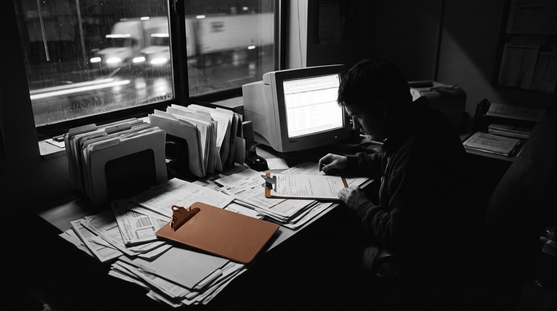 A logistics desk of shipping paperwork lit by a monitor at night (photo illustration)