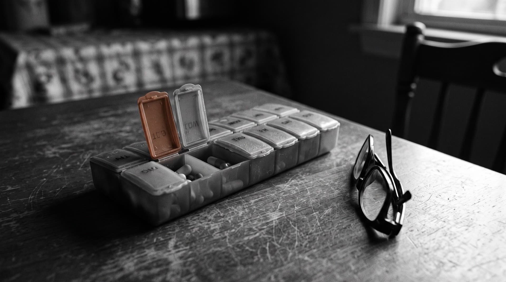 A weekly pill organizer and reading glasses on a kitchen table (photo illustration)