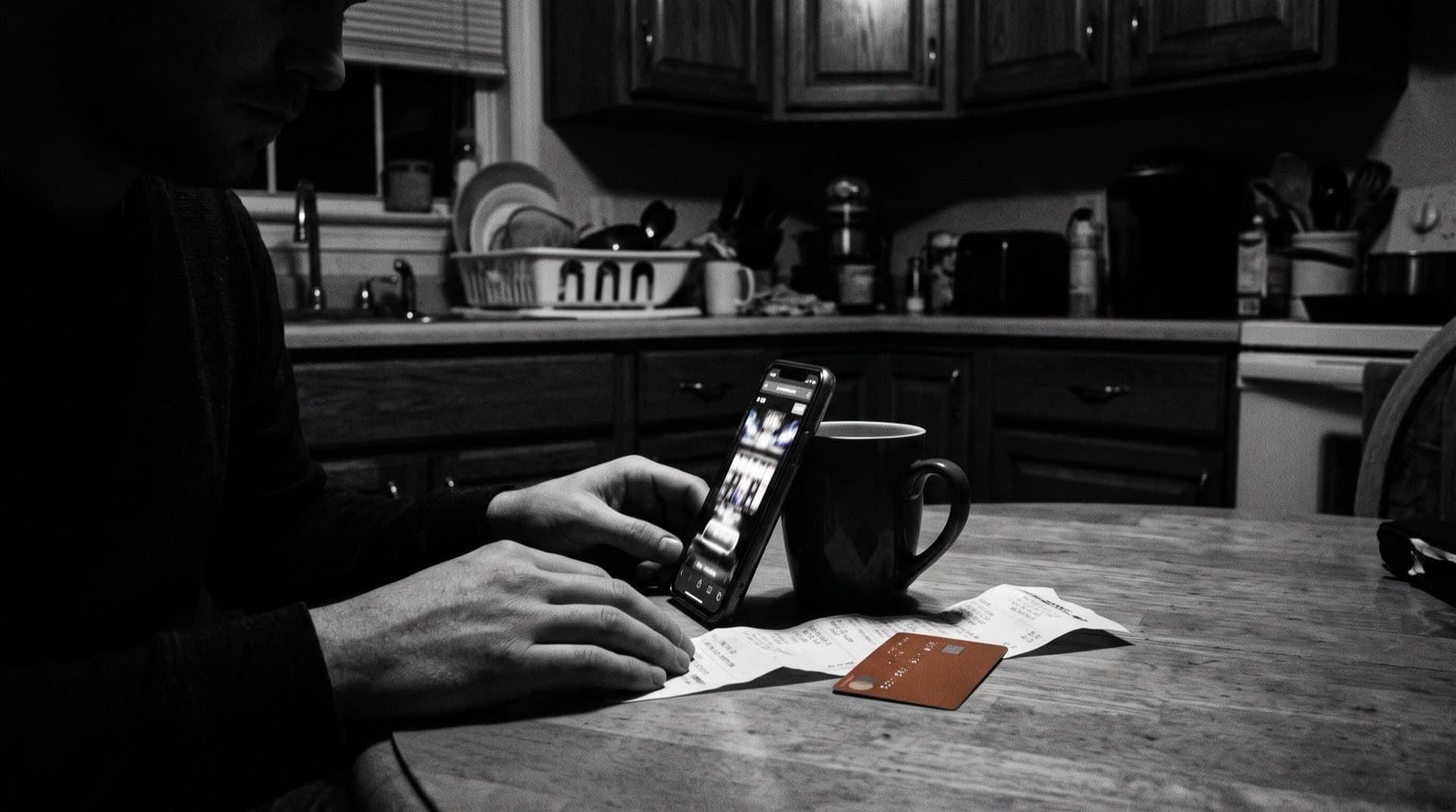 A phone glowing in a dark kitchen beside a credit card and receipts (photo illustration)