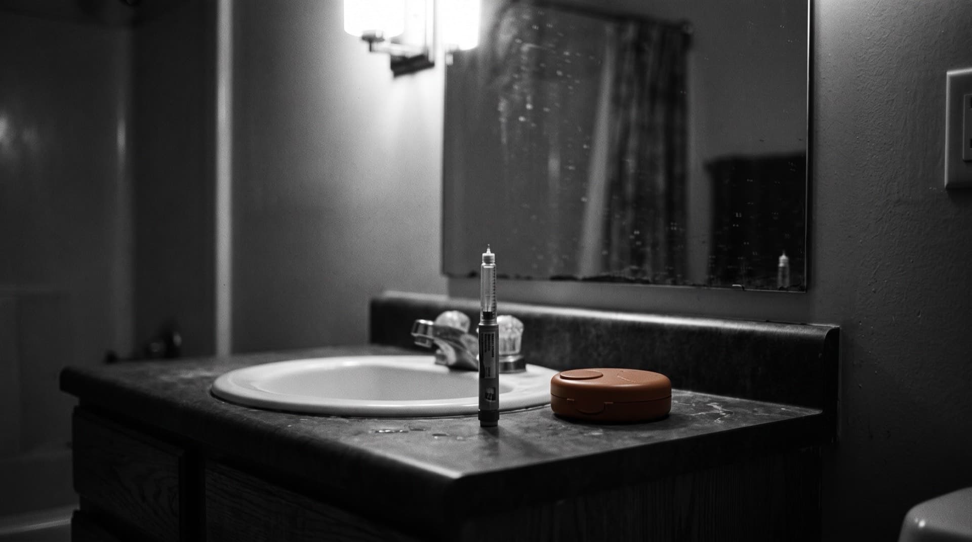 An injection pen on a bathroom counter with a blurred mirror reflection (photo illustration)