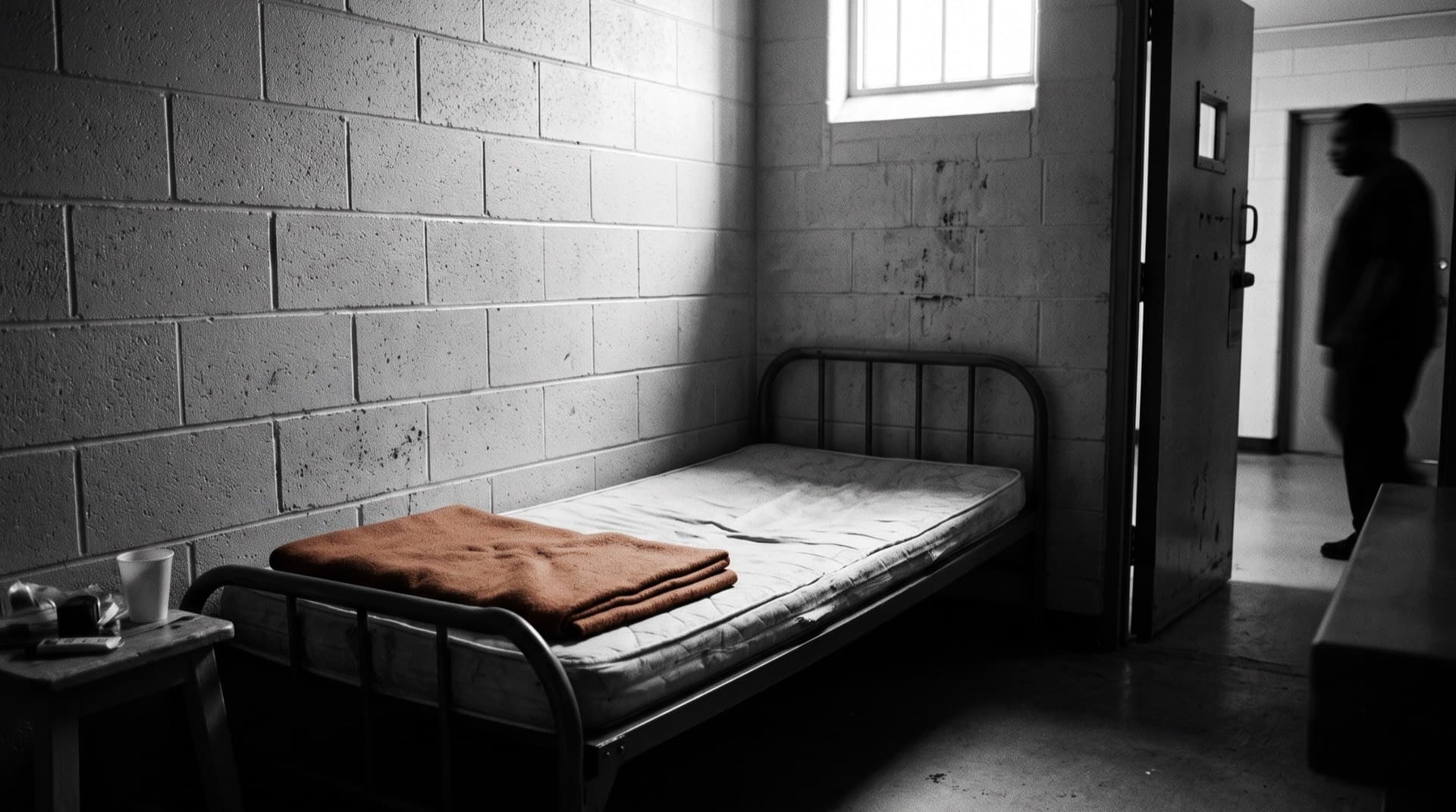 A narrow bed in a cinderblock detention cell (photo illustration)