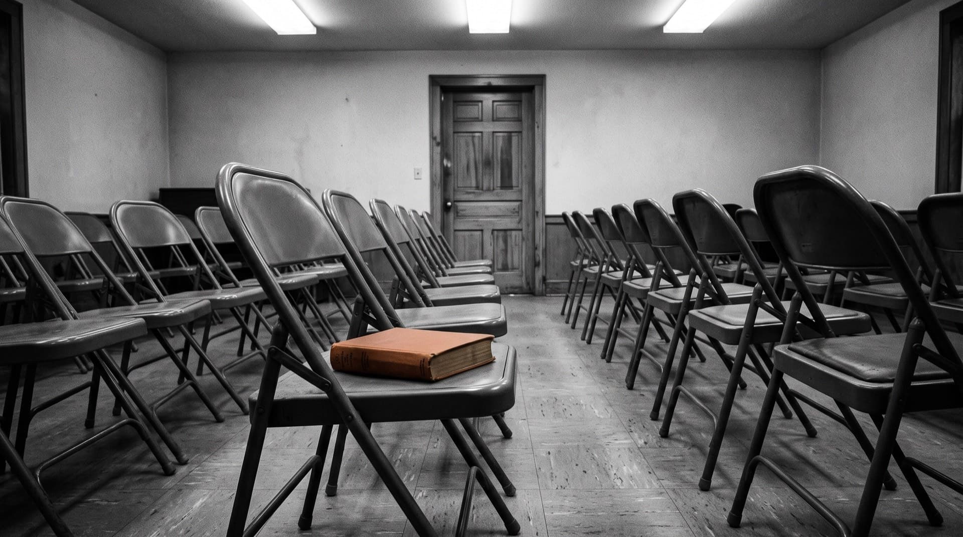 An empty church classroom with rows of folding chairs (photo illustration)