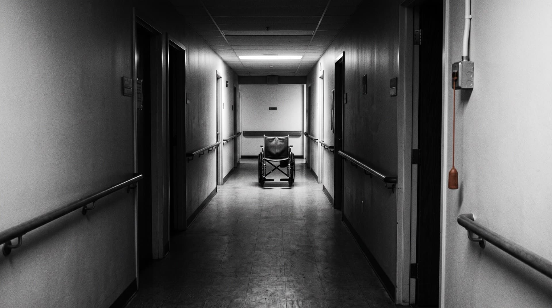 An empty wheelchair at the end of a nursing home corridor (photo illustration)