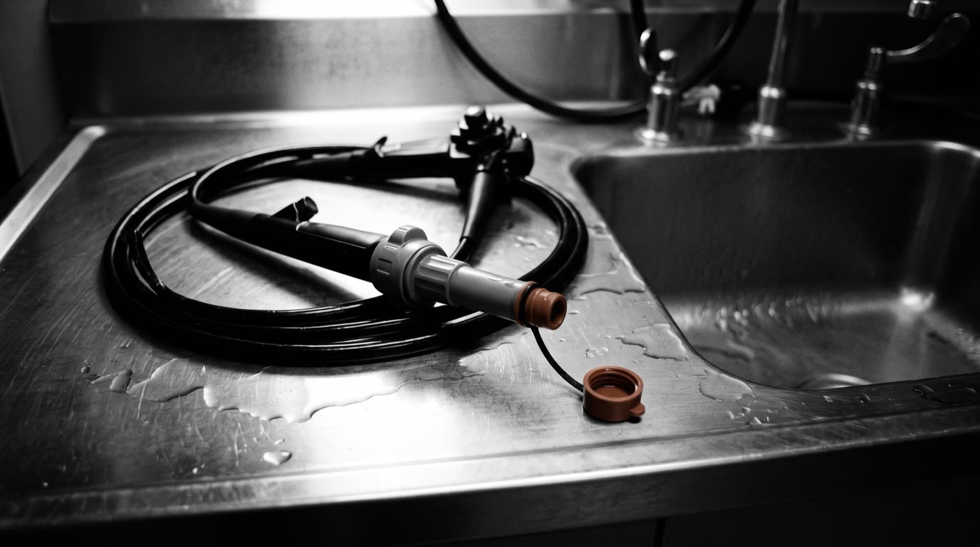 A flexible endoscope coiled at a reprocessing sink (photo illustration)