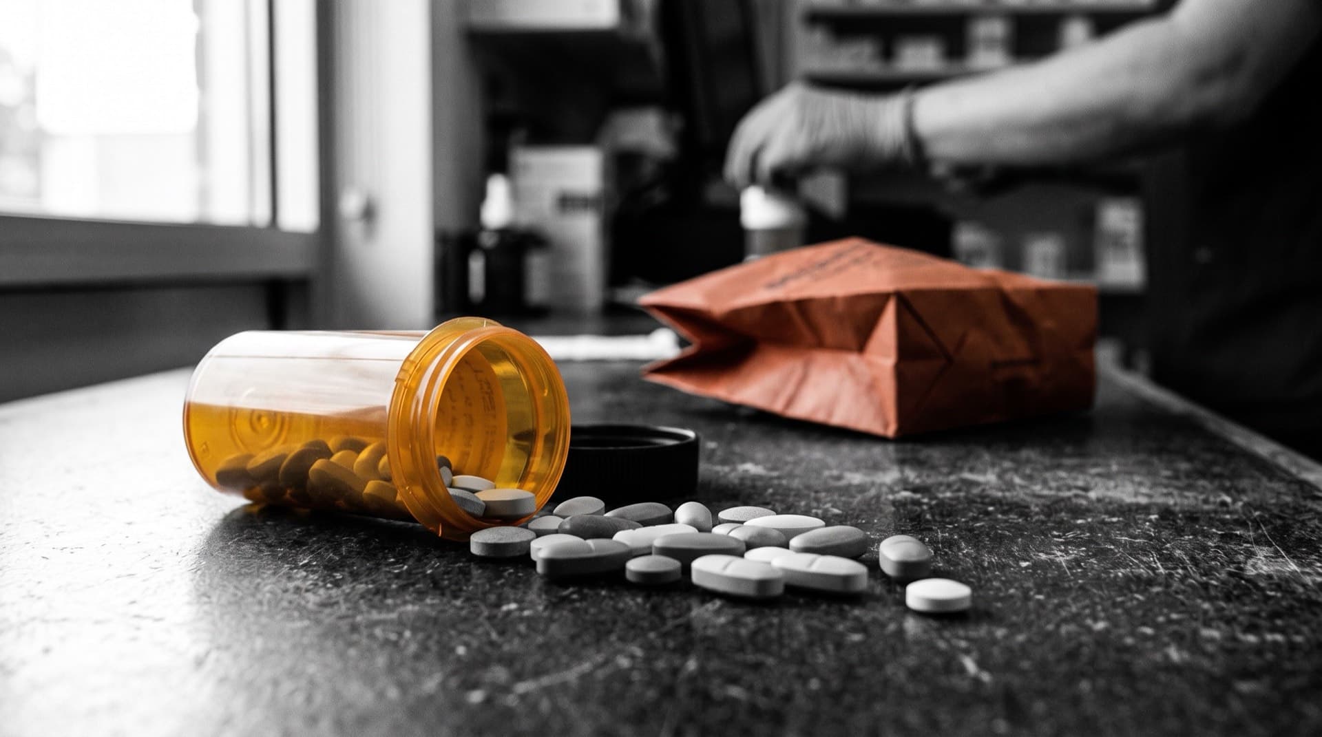A tipped prescription bottle with spilled tablets on a counter (photo illustration)