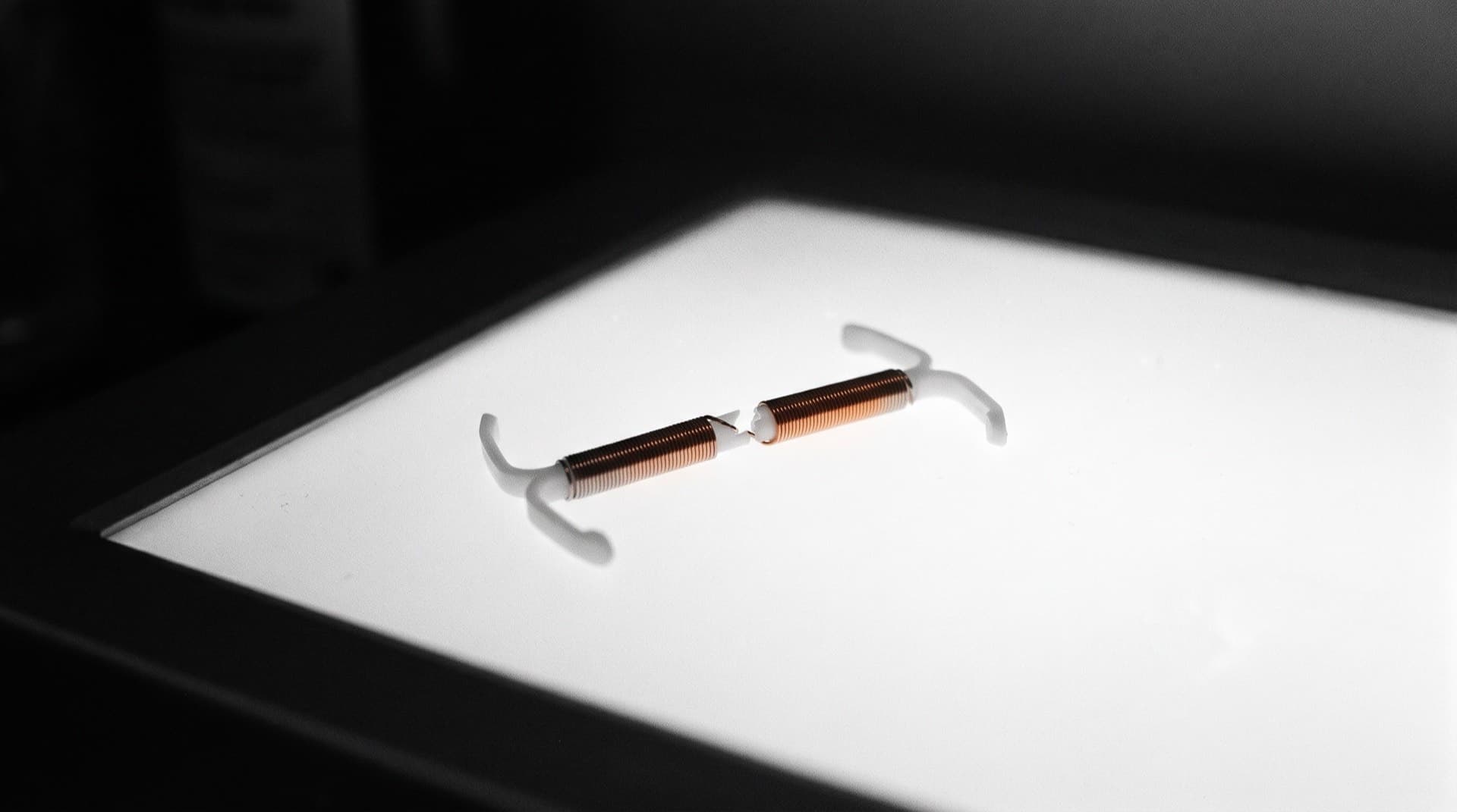 A T-shaped copper IUD with a fractured arm on a lightbox (photo illustration)