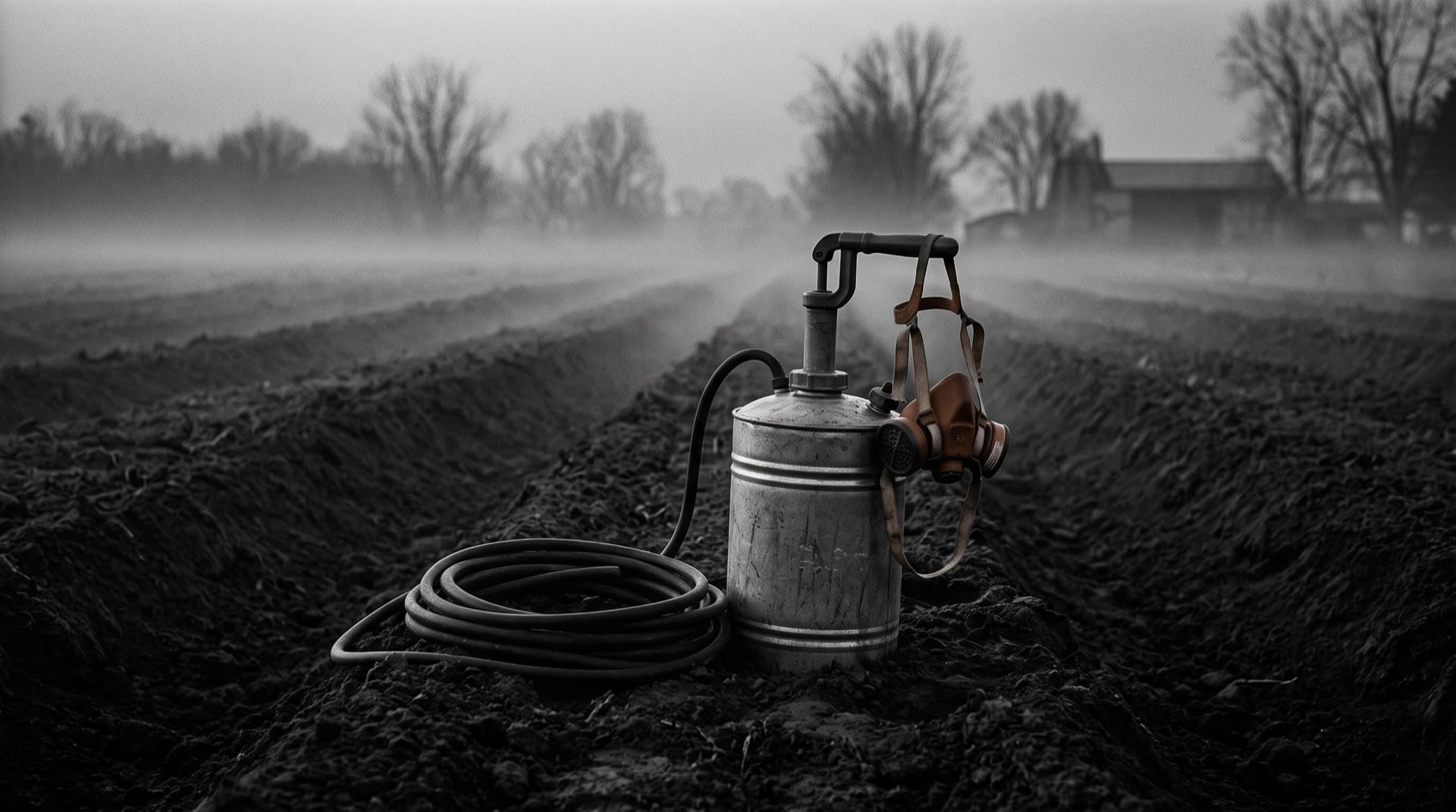 A chemical sprayer and respirator mask resting in a plowed field (photo illustration)
