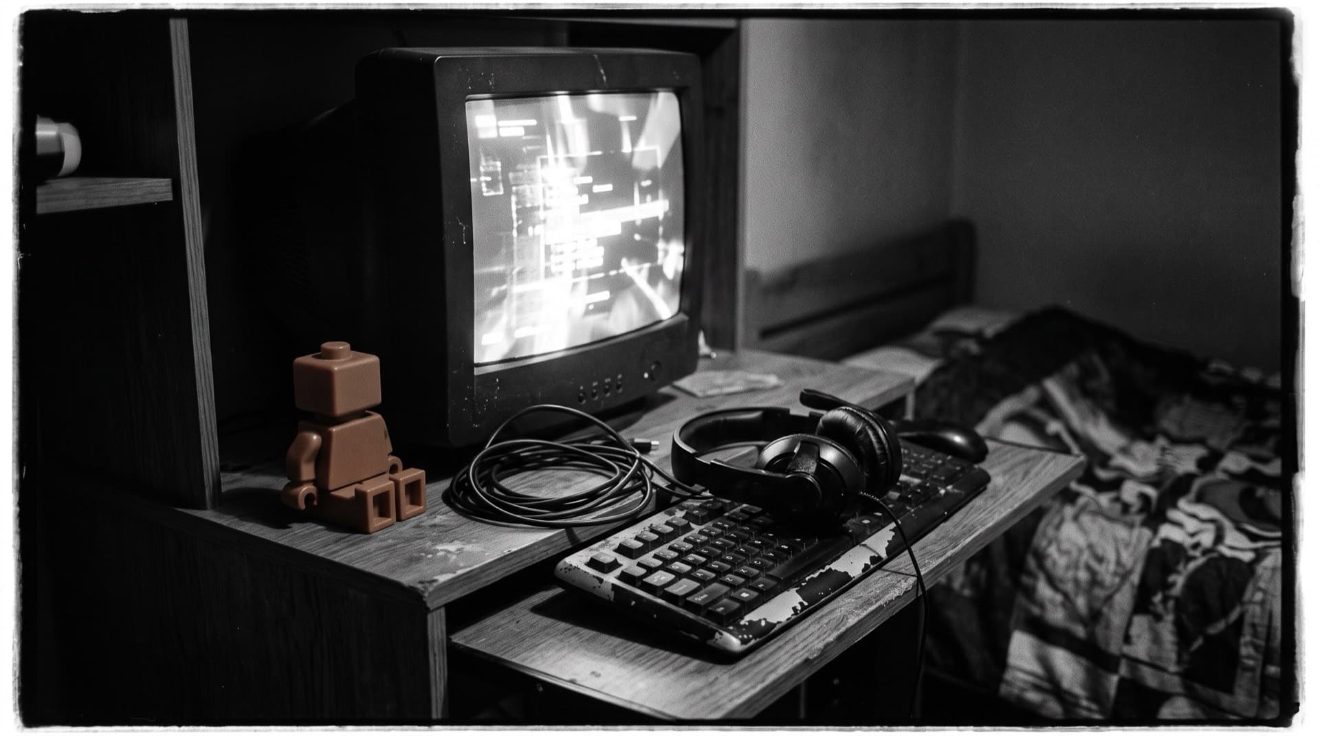 A child's gaming setup glowing in a dark bedroom (photo illustration)