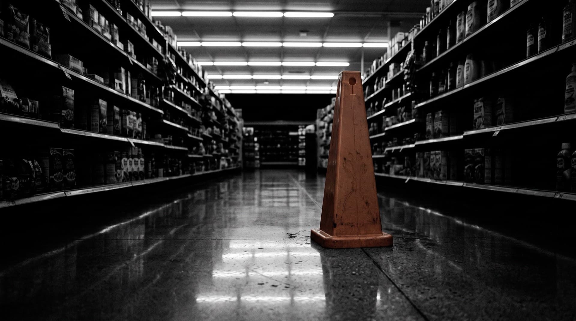 A wet-floor cone on a glossy supermarket aisle (photo illustration)