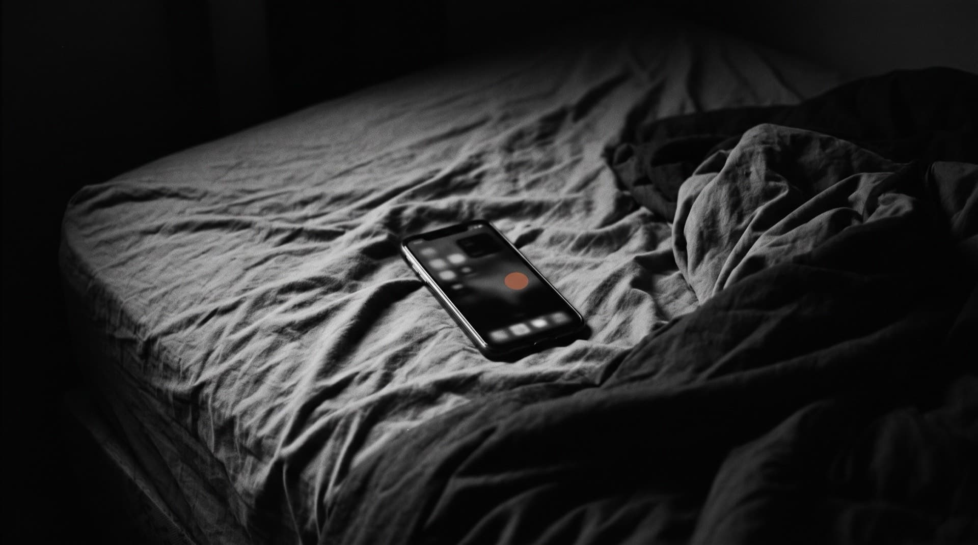 A glowing smartphone on bedsheets in a dark room (photo illustration)