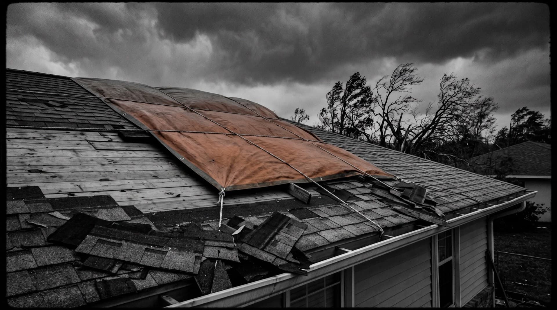 A tarp covering a storm-damaged roof under a grey sky (photo illustration)
