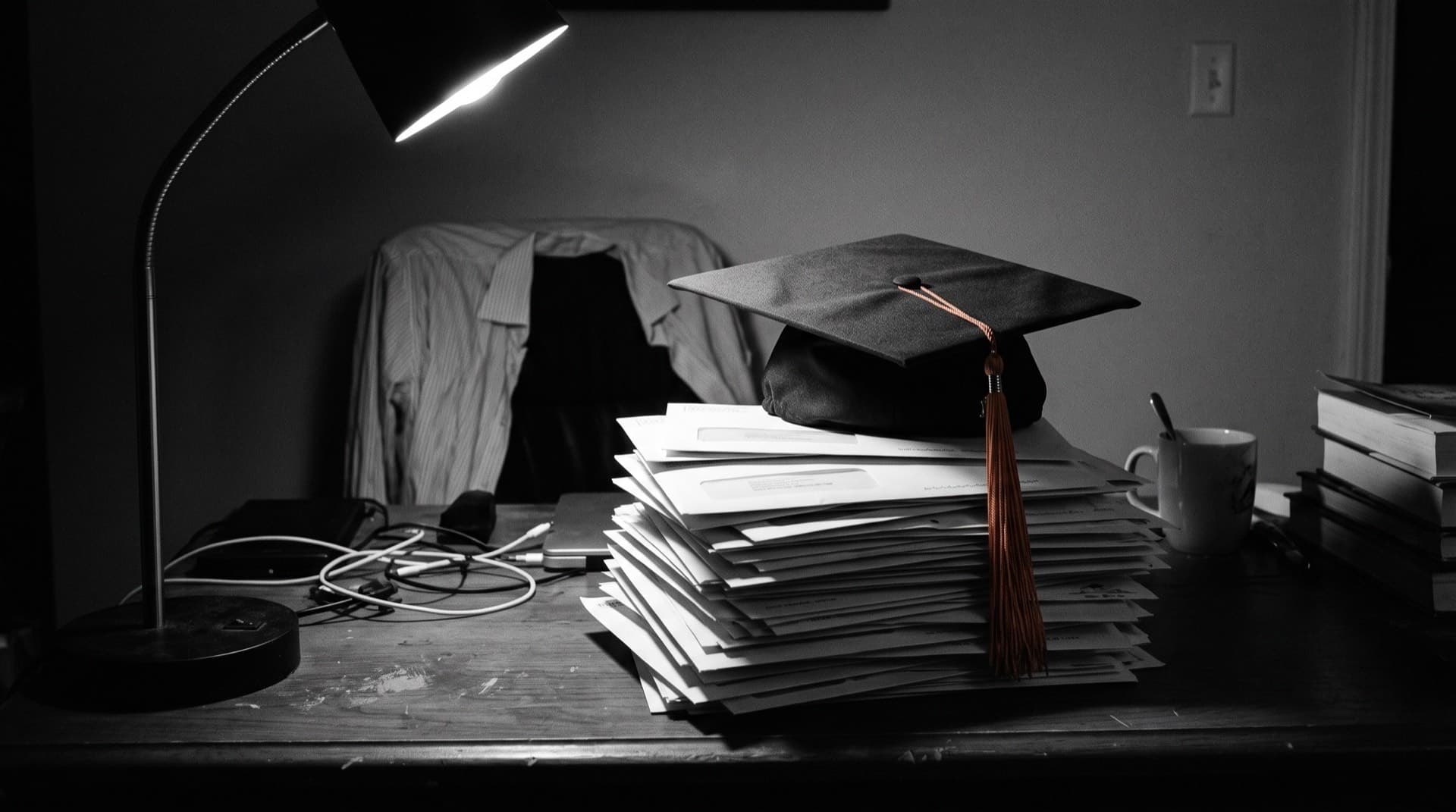 A graduation cap on a stack of billing envelopes (photo illustration)