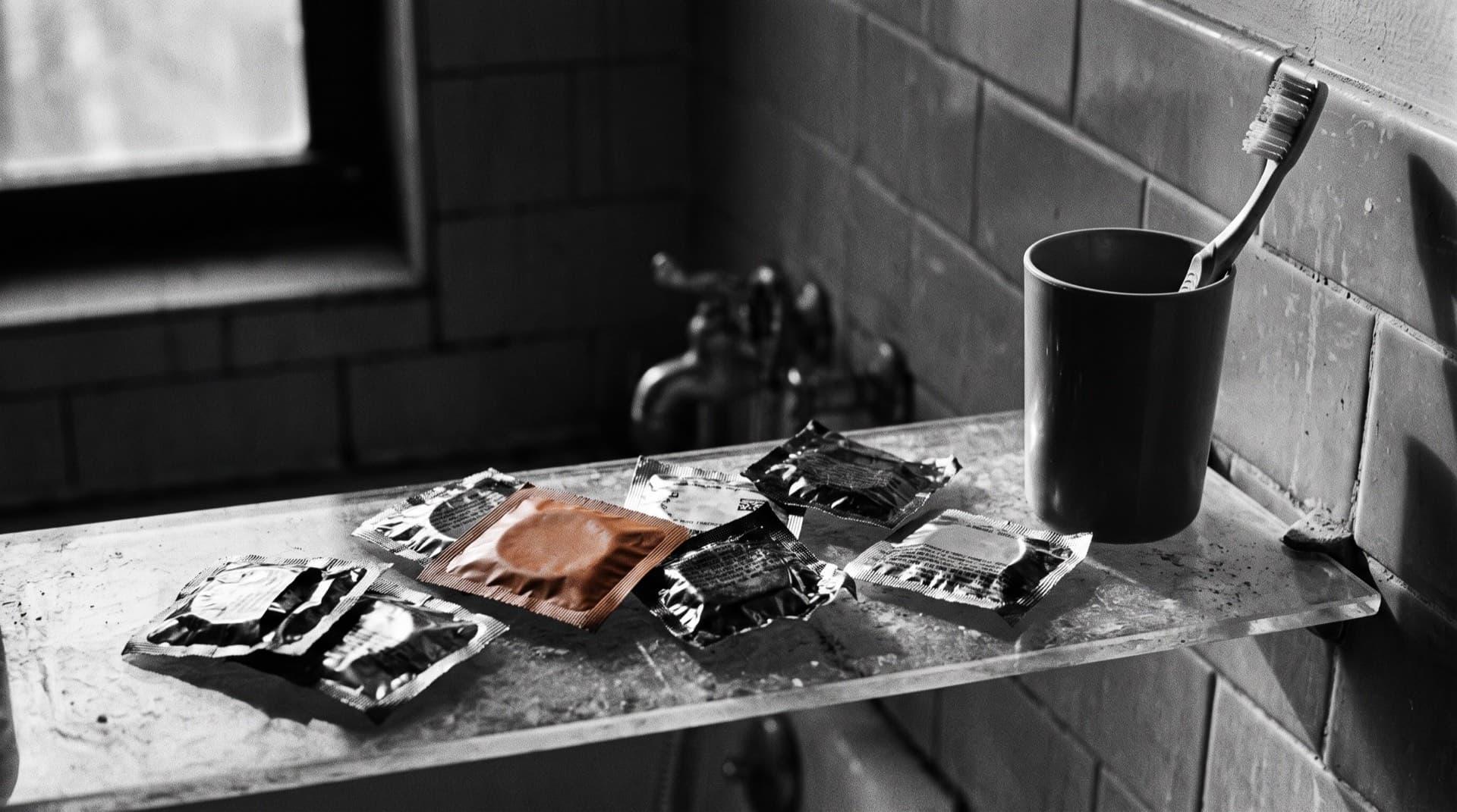 Foil film packets on a bathroom shelf beside a toothbrush (photo illustration)