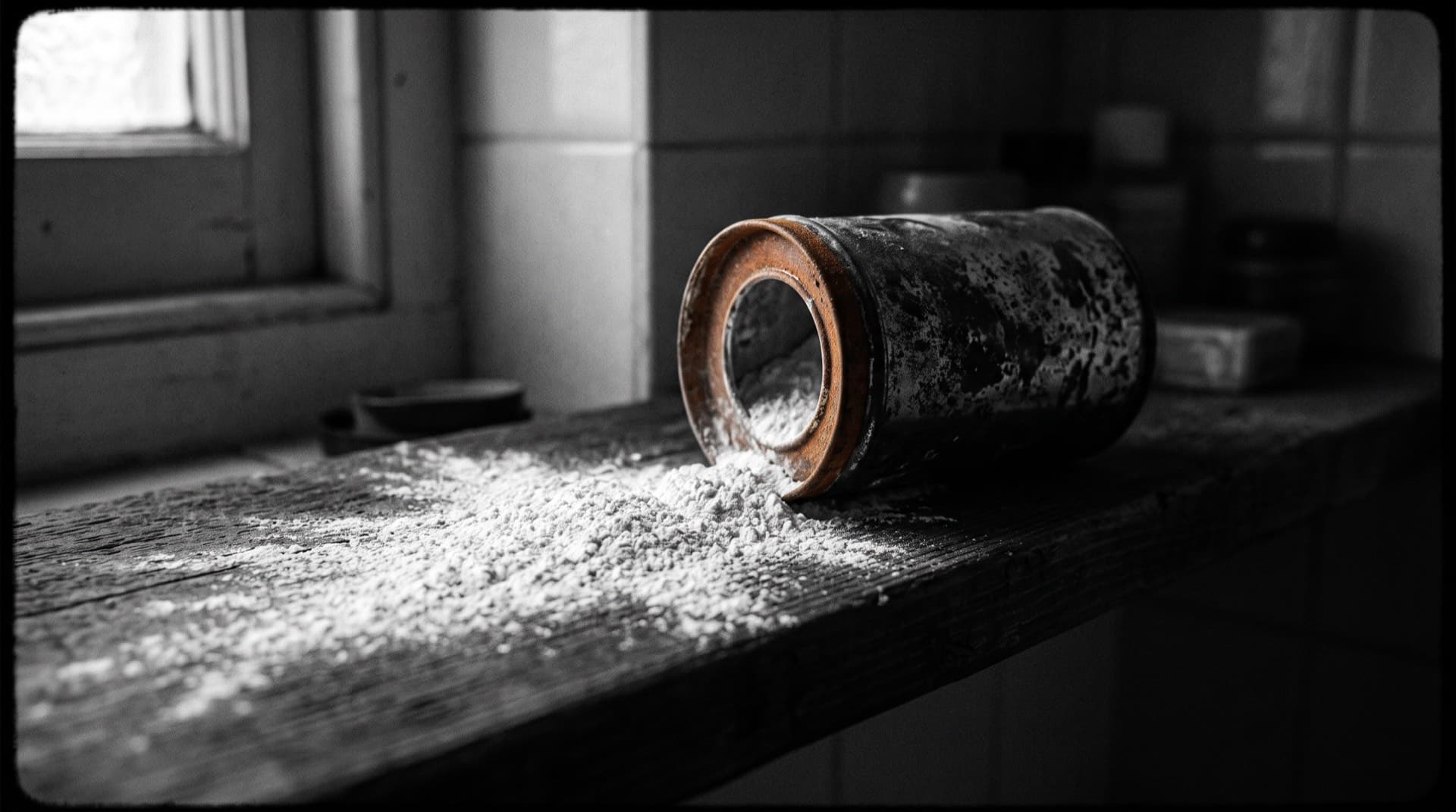 A tipped powder tin with spilled talc on a bathroom shelf (photo illustration)