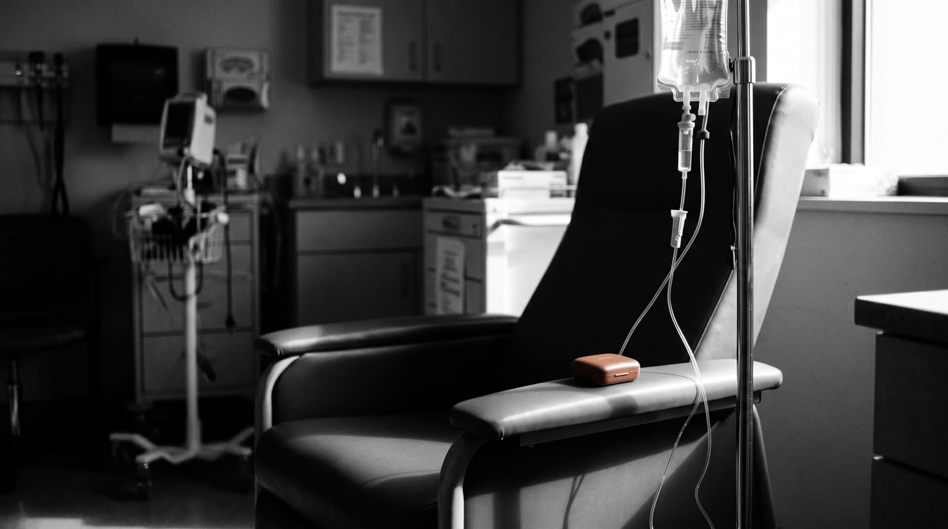 An IV infusion bag beside an empty infusion chair (photo illustration)