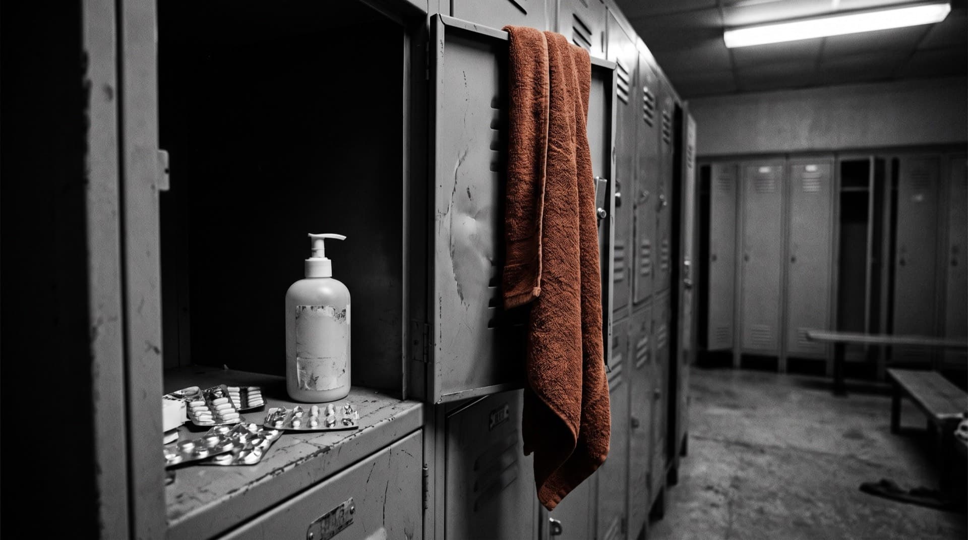 A gel pump bottle and blister packs on a locker shelf (photo illustration)