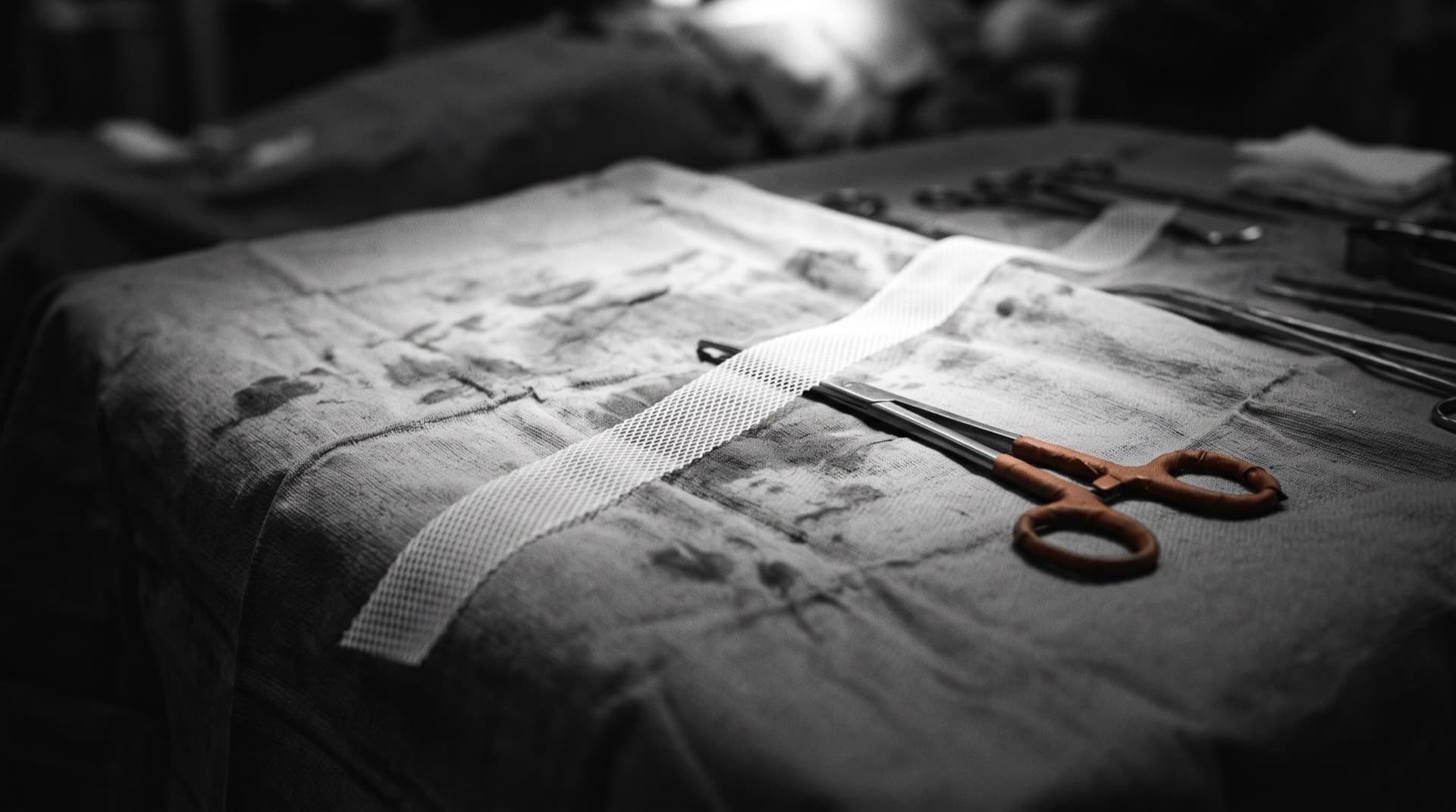 A narrow strip of surgical mesh on a draped instrument table (photo illustration)