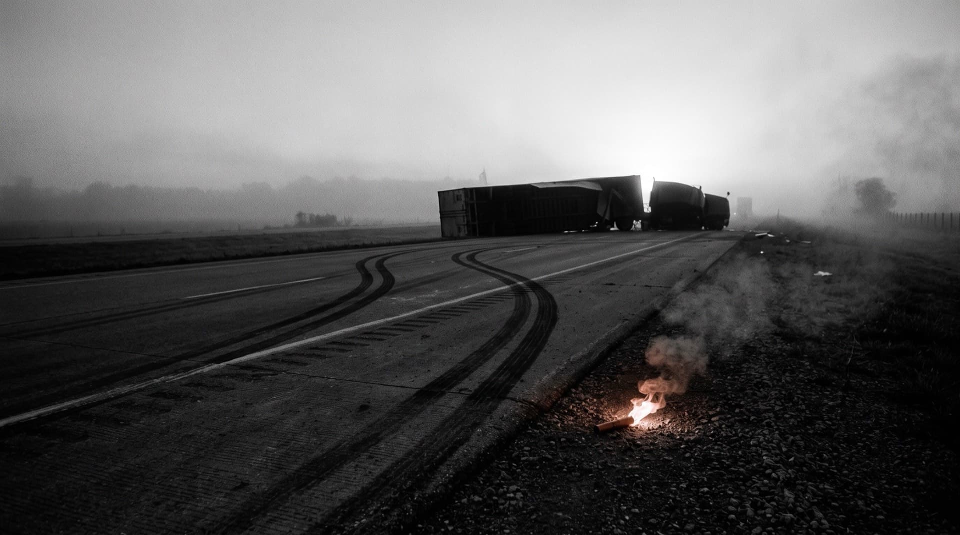 Skid marks and a road flare leading to a jackknifed trailer (photo illustration)