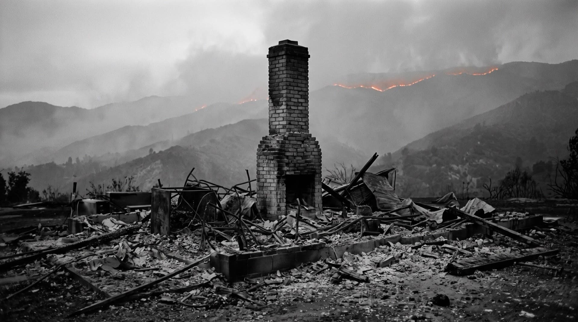 A lone chimney standing in wildfire ruins (photo illustration)
