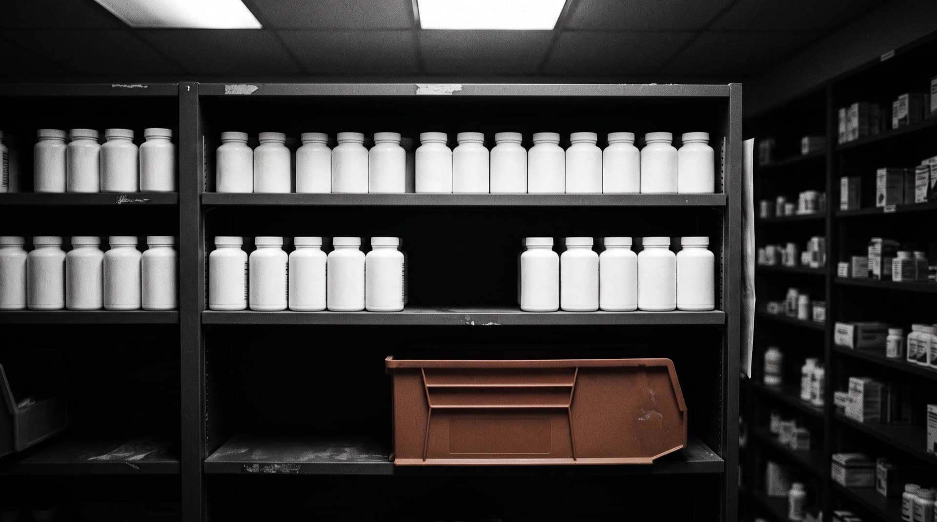 A pharmacy shelf with a gap in a row of bottles (photo illustration)