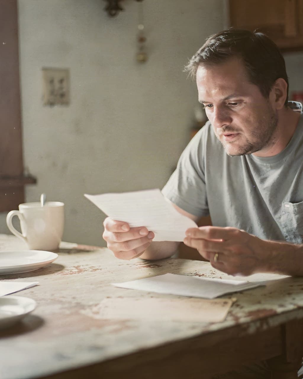 Man reading a collection or court letter at the kitchen table, bills nearby