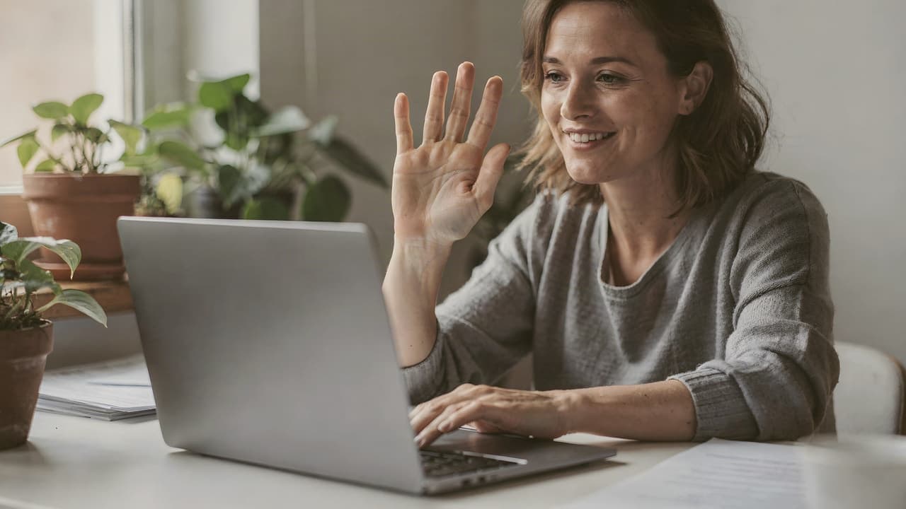 Woman on a laptop video call waving