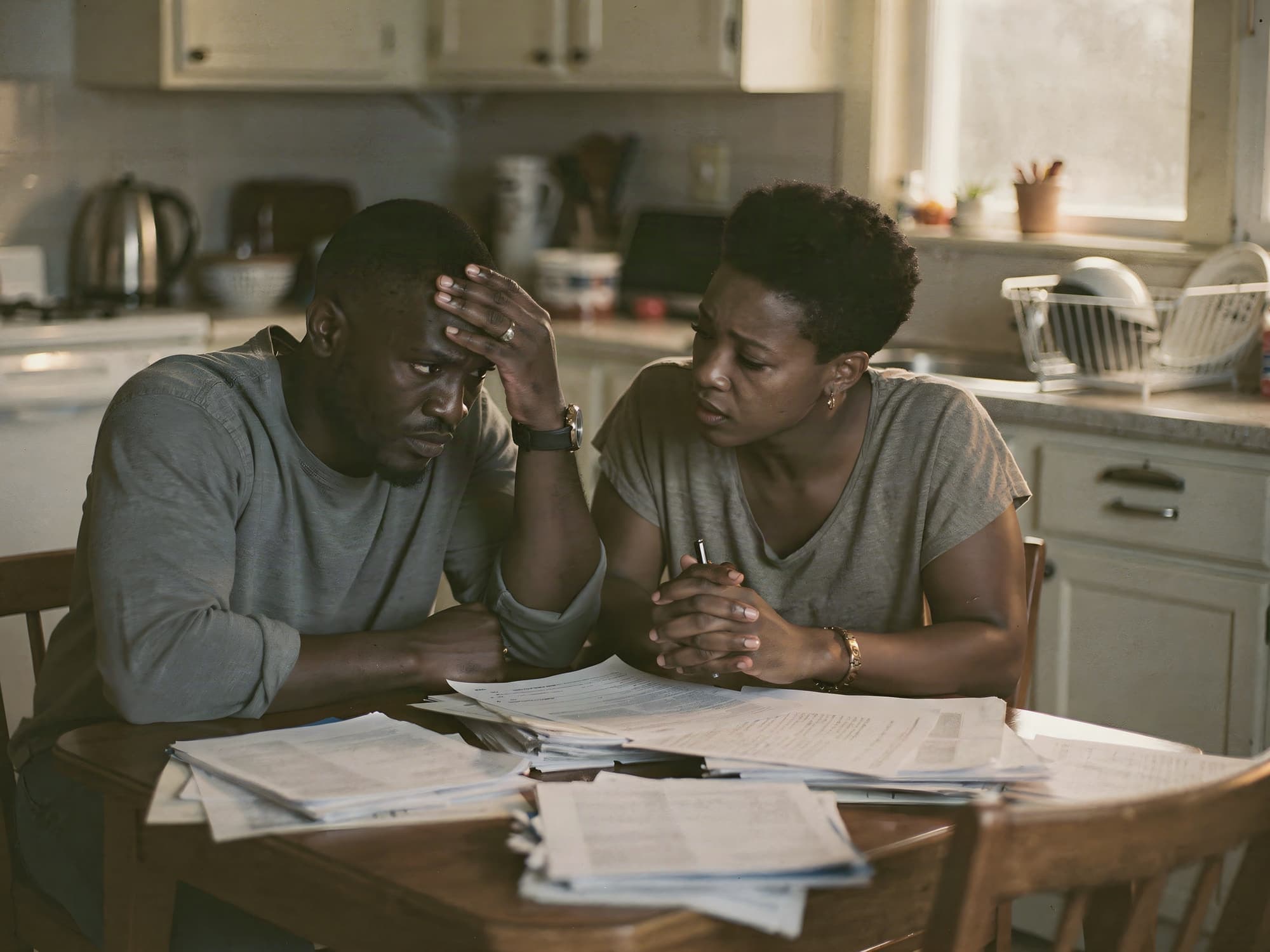 Couple at the kitchen table going over medical bills and an insurance letter after a car crash; one with a wrist brace or neck collar