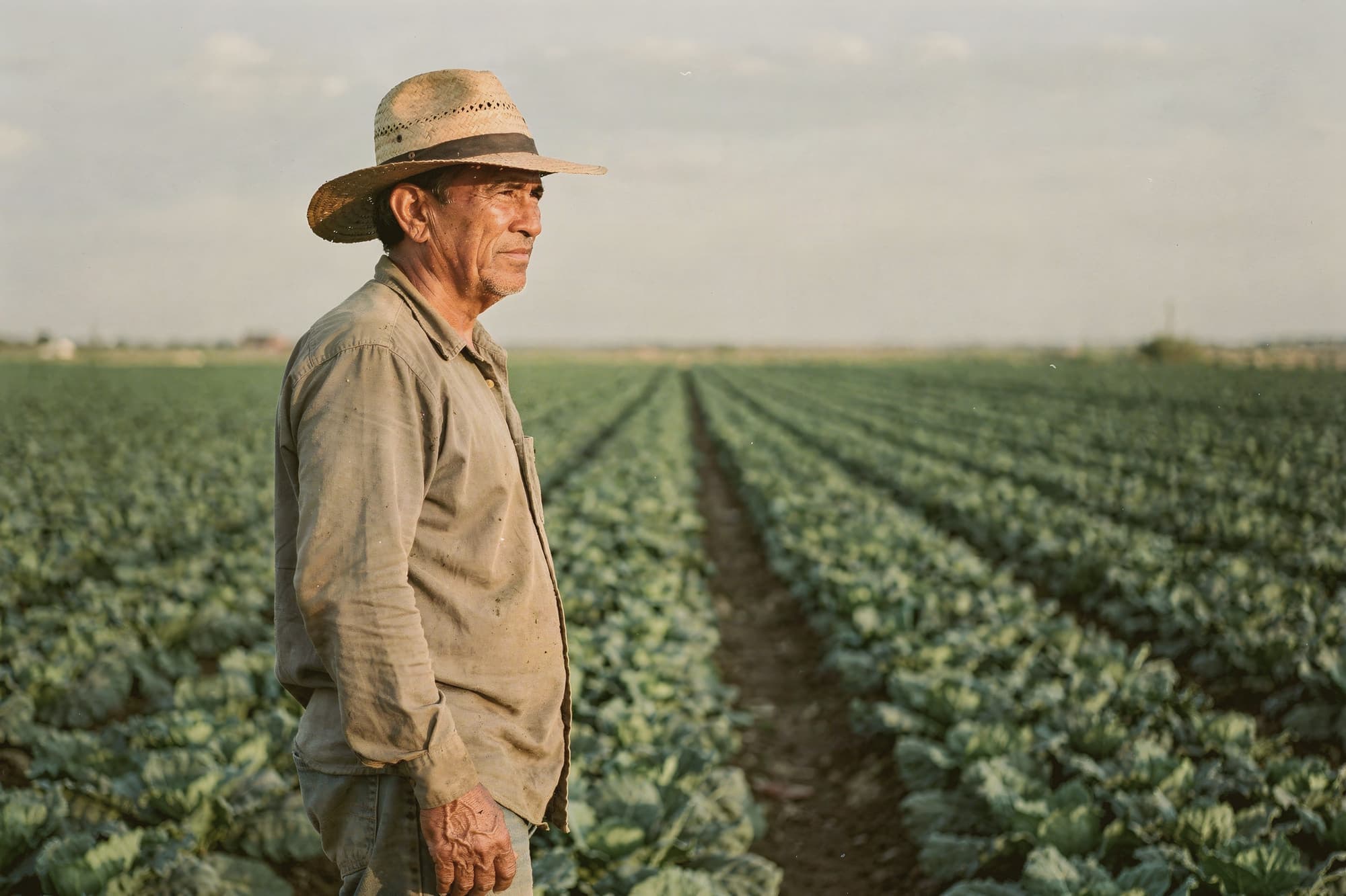 Older farmer standing at the edge of a field