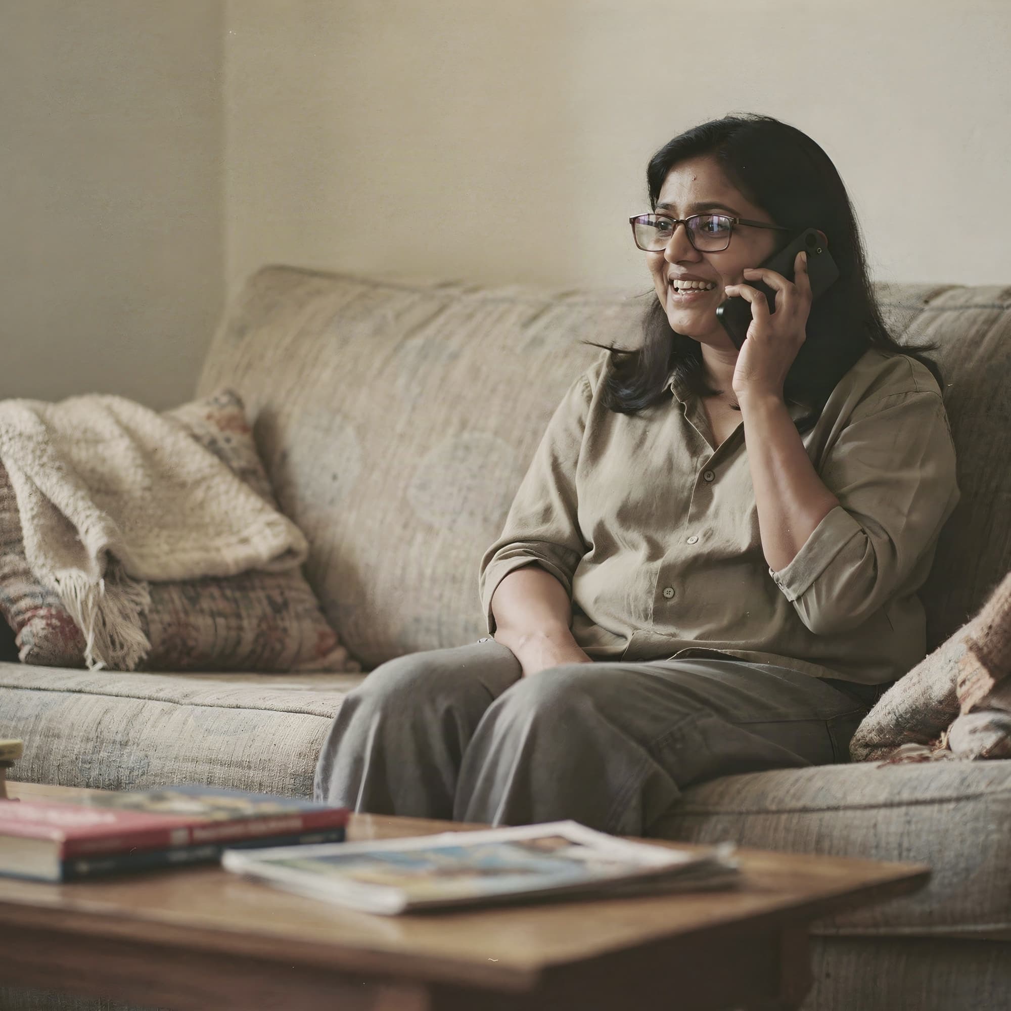 Woman on the phone on her sofa, smiling