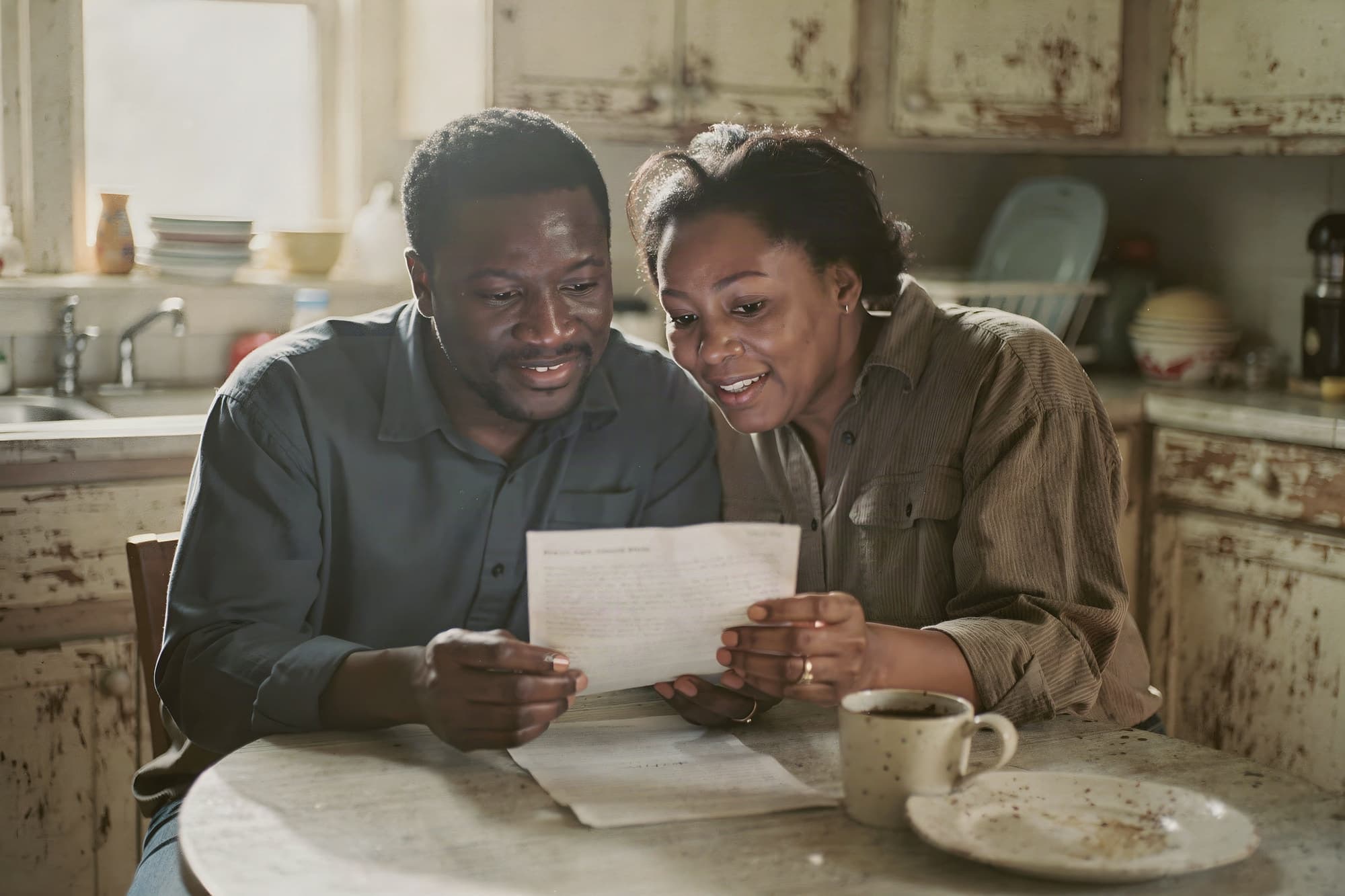 Couple reading an official-looking letter together at the kitchen table