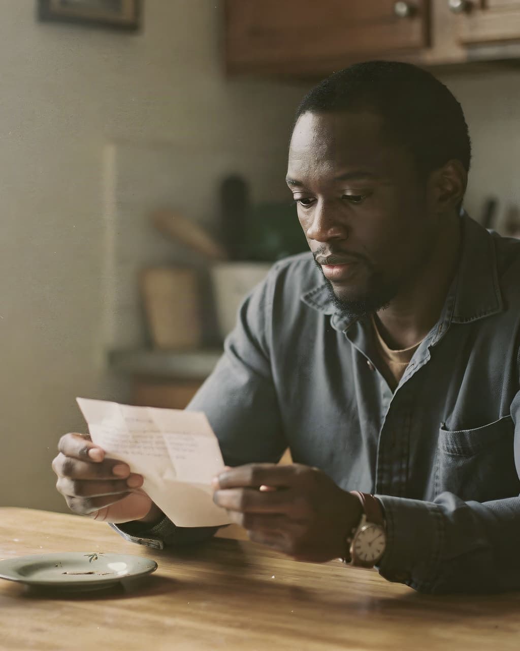 Man reading a letter at kitchen table